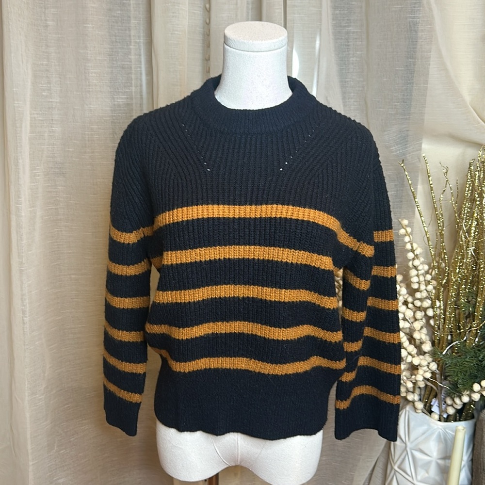 Magaschoni Navy and Brown Stripe Bell Sleeve Small Knit Sweater